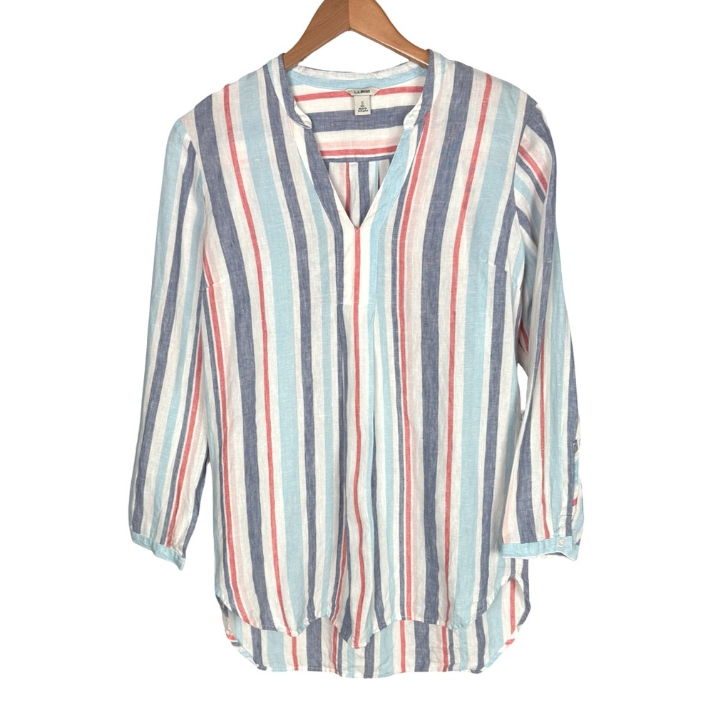 L.L.Bean Linen Striped Top Long Sleeve 
Tunic Shirt Coastal Beach coverup EUC